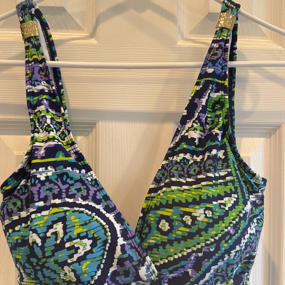 Ralph Lauren Size 12 Shirred Slimming Bathing Suit Gold Trim Detail - Picture 4 of 7